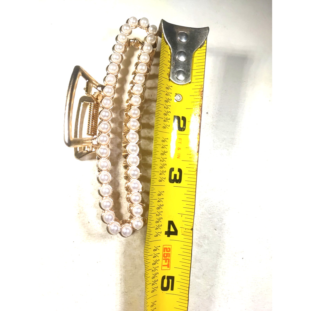Alligator Clip Hair Barrette Gold Tone Faux Pearls 4" Long